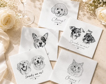 Custom Pet Wedding Cocktail Napkins, Personalized Pet Portrait for 1–3 Dogs or Cats, Colorful Wedding Party Supplies
