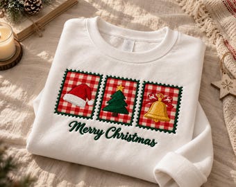 Embroidered Merry Christmas Applique Sweatshirt, Christmas Tree Crewneck, Floral Patchwork Christmas Shirt, Festive Holiday Gift