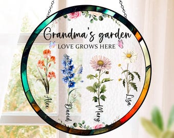 Grandma Garden Suncatcher, Stained Glass Window Hanging, Personalized Floral Gift for Mother Day or Mom,Grandma Gift