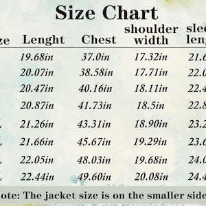 May include: A size chart for a jacket with black text on a light background. The table lists sizes S through 5XL with measurements in inches for length, chest, shoulder width, and sleeve length. A note states the jacket size is on the smaller side.