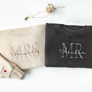 Custom Mrs. Embroidered Sweatshirt,Date On Sleeve,Mr. Sweatshirt,Future Mrs. and Mr. Hoodie,Engagement Couple&#39;s Gift,Valentine&#39;s Day Gift