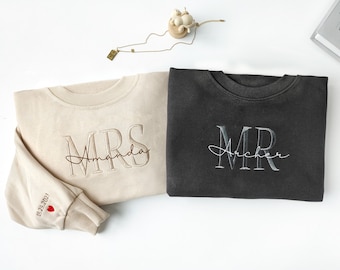 Custom Mrs. Embroidered Sweatshirt, Date On Sleeve,Mr. Sweatshirt , Future Mrs. and Mr. Hoodie, Engagement Gift, Couple's Gift