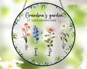Grandma Garden Suncatcher, Stained Glass Window Hanging, Personalized Floral Gift for Mother Day or Mom,Grandma Gift