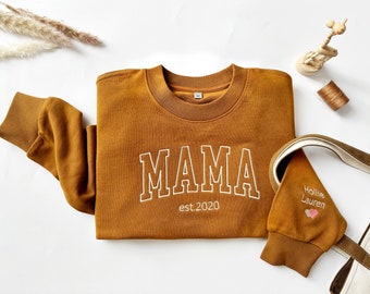 Custom Embroidered Mama Sweatshirt with Kids Name on Sleeve, Personalized Mom Sweatshirt, Minimalist Momma Sweater, Mothers Day Gift for Mom