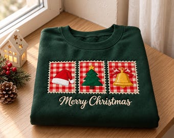 Embroidered Merry Christmas Applique Sweatshirt, Christmas Tree Crewneck, Floral Patchwork Christmas Shirt, Festive Holiday Gift