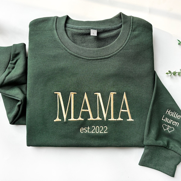 MAMA besticktes Sweatshirt, personalisiertes besticktes Mama-Sweatshirt mit Kindernamen, Geburtstagsgeschenk für Mama, Geschenk für neue Mama, Muttertagsgeschenk