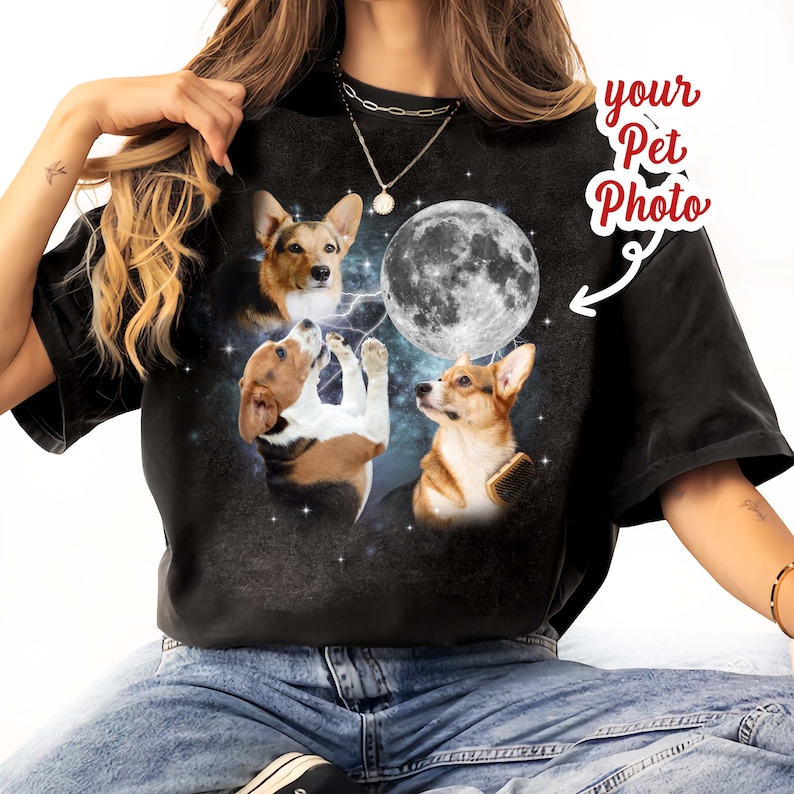 Custom Vintage Dog Shirt,Custom Pet Shirt,Custom Moon Pet Tshirt,Custom Cat Shirt 90's Tee,Funny Tee, Oversized Washed Tee image 2