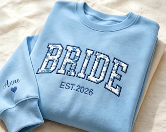 Custom Embroidered Floral Sweatshirt,Personalized Bride Sweatshirt with Name,Wifey Sweatshirt,Bridal Shower Gifts,Bride & Groom Hoodie
