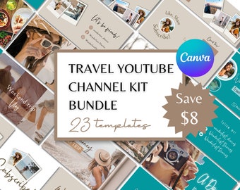 Travel YouTube branding kit BUNDLE | Channel arts, Thumbnails, Intros & Outros, Watermarks, Planner,Editable Canva templates