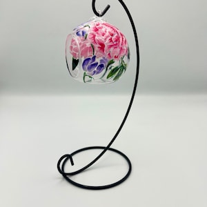 Hand Painted Tealight Holder /Pink Peonies and sweet peas /  Hanging glass sphere with ornament stand.