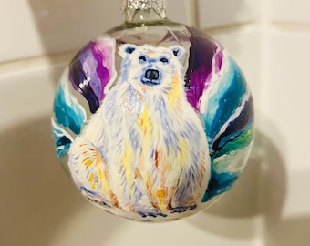 Hand Painted Glass Bauble/ Christmas Polar bear and Northern lights design