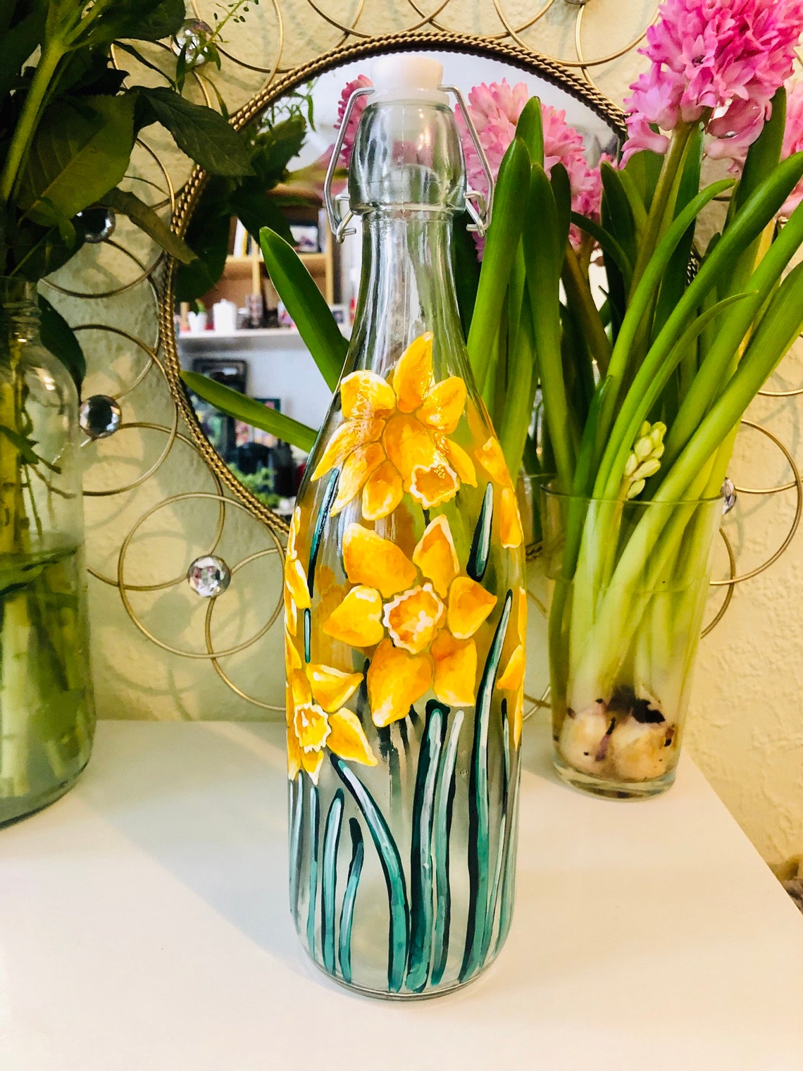 Hand Painted Bottle/ Floral Daffodil Top Vase Etsy