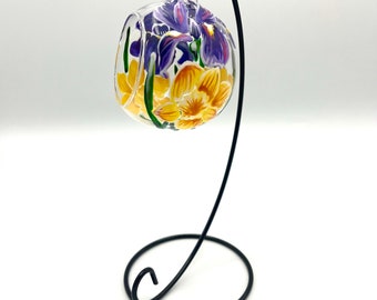 Hand Painted Tealight Holder / Iris and Daffodils / Hanging glass sphere with ornament stand