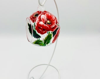 Hand Painted Tealight Holder /Poppies/ Hanging glass sphere with ornament stand