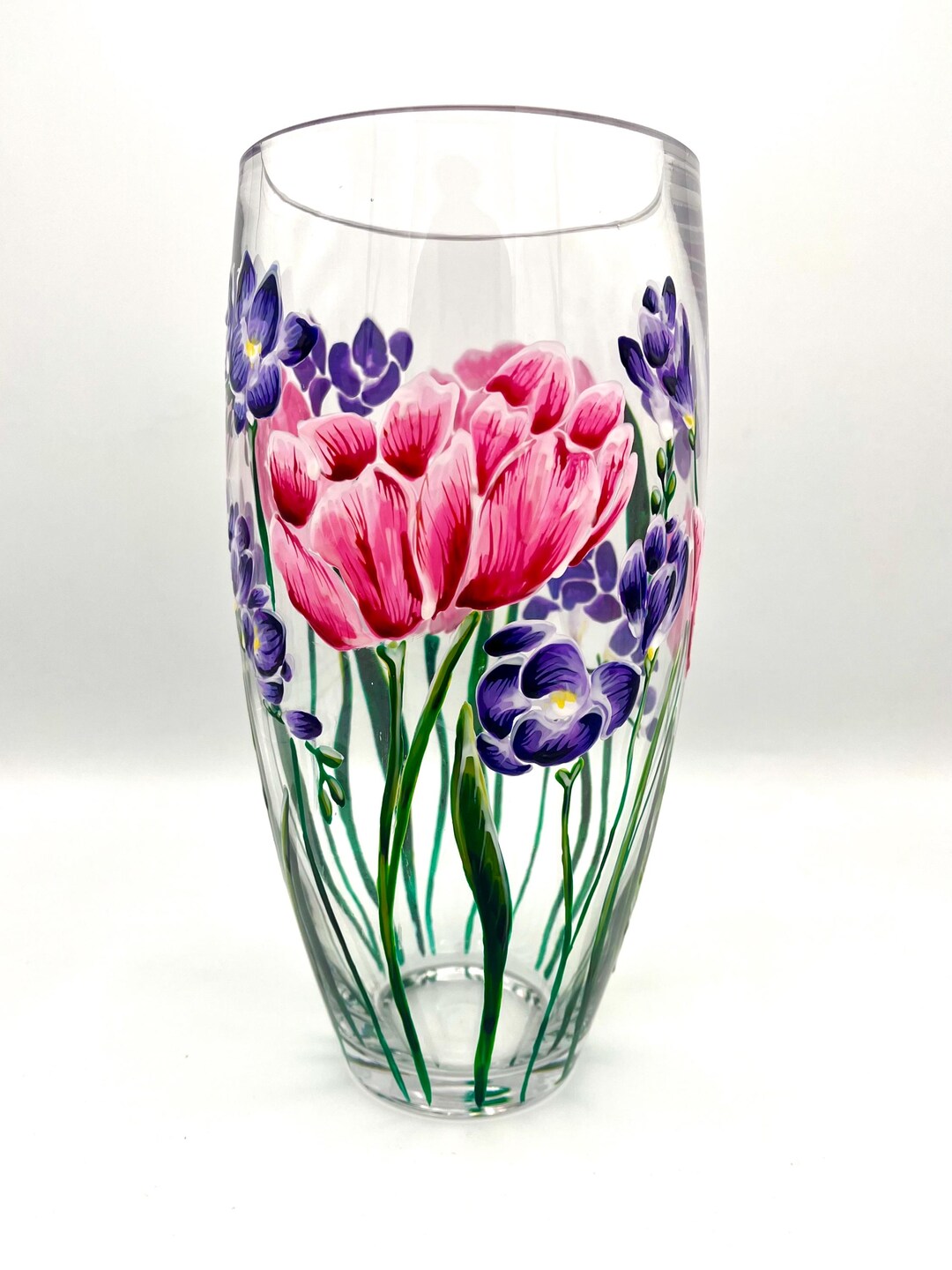 Hand Painted Vase /pink Tulips and Freesias /glass Bullet Design - Etsy