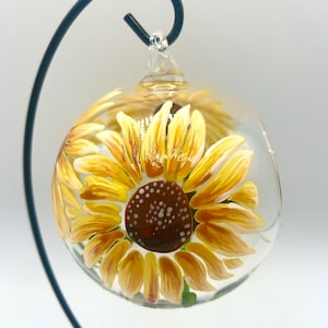 Hand Painted Tealight Holder / Sunflowers/ Hanging glass sphere with ornament stand image 4