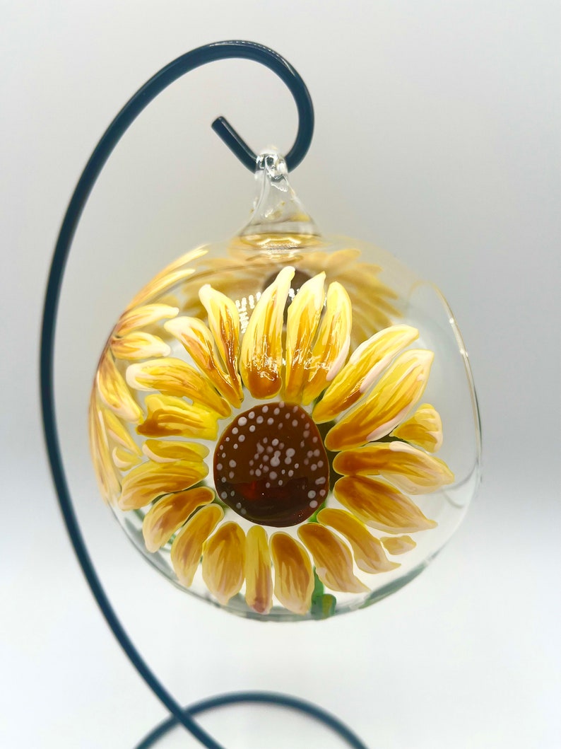 Hand Painted Tealight Holder / Sunflowers/ Hanging glass sphere with ornament stand image 4
