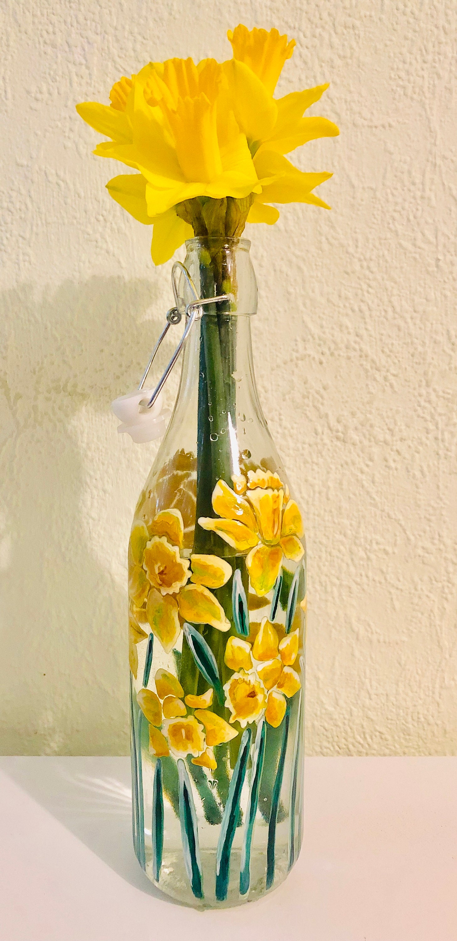 Hand Painted Bottle/ Floral Daffodil Top Vase Etsy