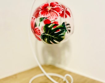 Hand Painted Tealight Holder / Pink Hibiscus flowers/ Hanging glass sphere with ornament stand