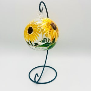 Hand Painted Tealight Holder / Sunflowers/ Hanging glass sphere with ornament stand image 2