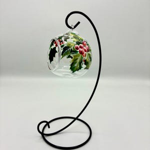 Hand Painted Tealight Holder / Christmas Holly and  Berries / December birth flower / Hanging glass sphere with ornament stand