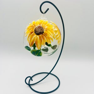 Hand Painted Tealight Holder / Sunflowers/ Hanging glass sphere with ornament stand image 3