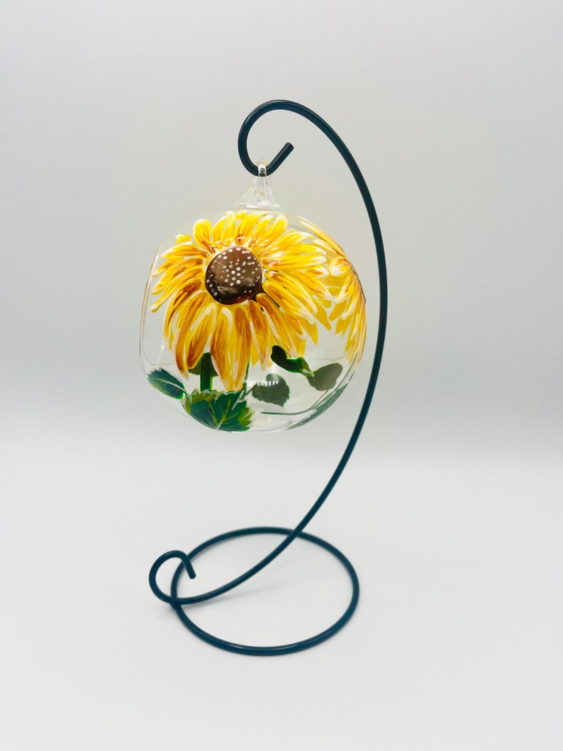 Hand Painted Tealight Holder / Sunflowers/ Hanging glass sphere with ornament stand image 3