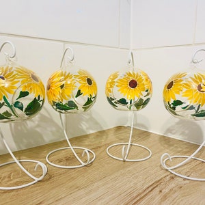 Hand Painted Tealight Holder / Sunflowers/ Hanging glass sphere with ornament stand image 6