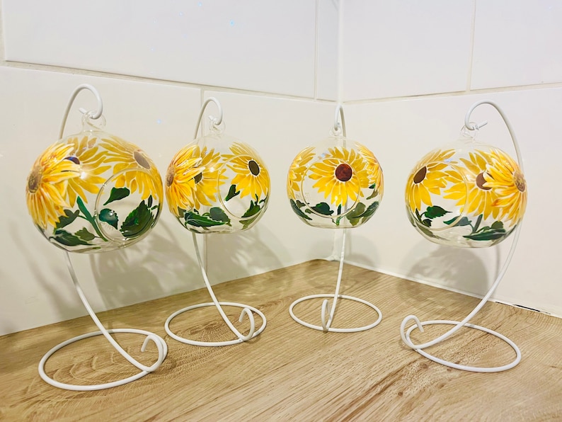 Hand Painted Tealight Holder / Sunflowers/ Hanging glass sphere with ornament stand image 6