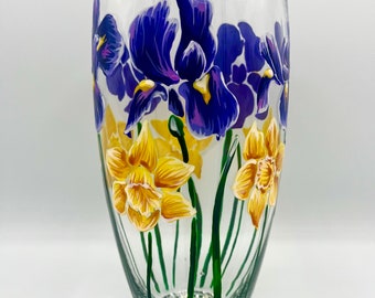Hand Painted Vase /Floral Iris and Daffodil