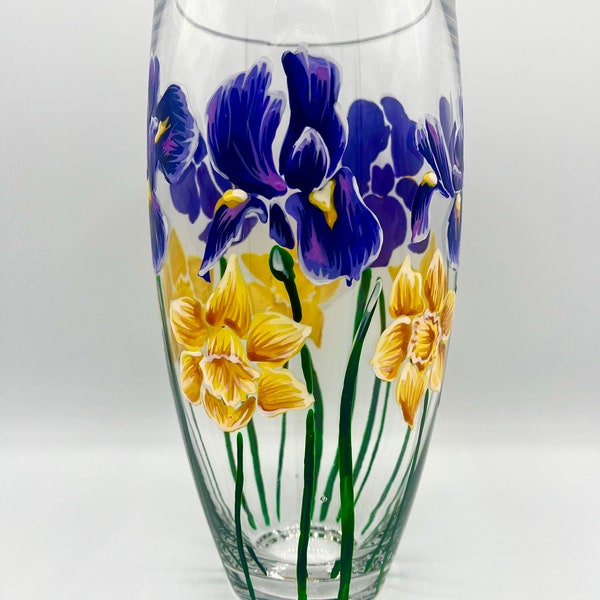 Hand Painted Vase /Floral Iris and Daffodil