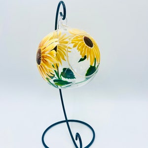 Hand Painted Tealight Holder / Sunflowers/ Hanging glass sphere with ornament stand image 10