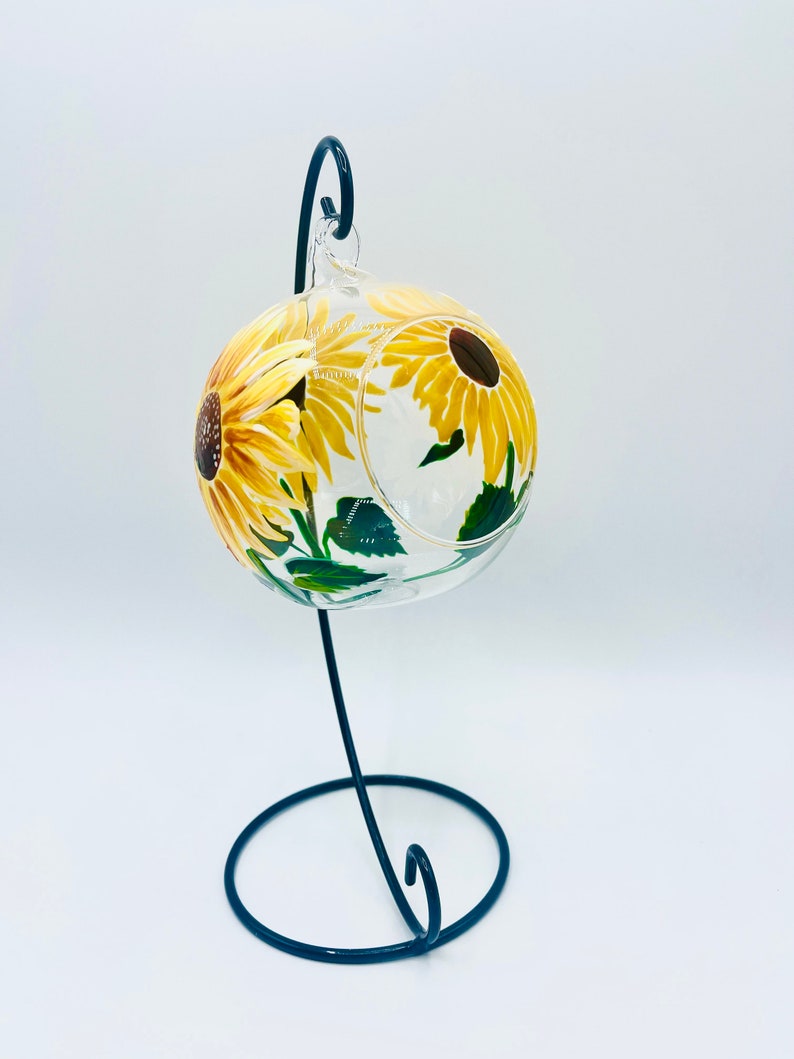 Hand Painted Tealight Holder / Sunflowers/ Hanging glass sphere with ornament stand image 10