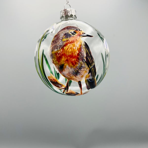 Handgeschilderde glazen kerstbal / Robin en sneeuwklokjes ontwerp.