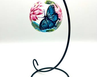 Hand Painted Tealight Holder / Pink water lillies / butterfly over Lilly pads / July birth flower/ Hanging glass sphere with ornament stand
