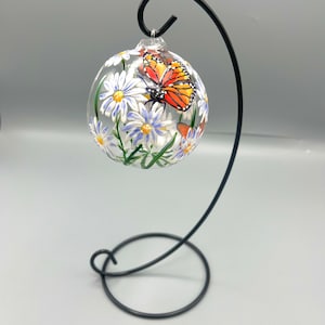 Hand Painted Tealight Holder / Daisies/ Monarch butterflies / April birth flower/ Hanging glass sphere with ornament stand