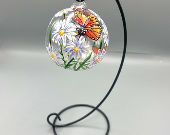 Hand Painted Tealight Holder / Daisies/ Monarch butterflies / April birth flower/ Hanging glass sphere with ornament stand