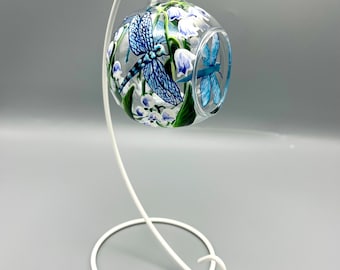 Hand Painted Tealight Holder / Lilly of the Valley / Dragonflies / May birth flower/ Hanging glass sphere with ornament stand