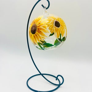 Hand Painted Tealight Holder / Sunflowers/ Hanging glass sphere with ornament stand image 1