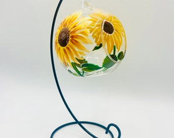 Hand Painted Tealight Holder / Sunflowers/ Hanging glass sphere with ornament stand