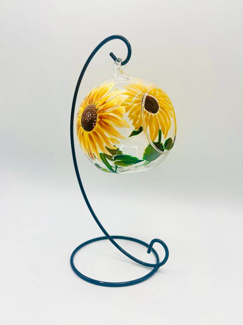 Hand Painted Tealight Holder / Sunflowers/ Hanging glass sphere with ornament stand image 1