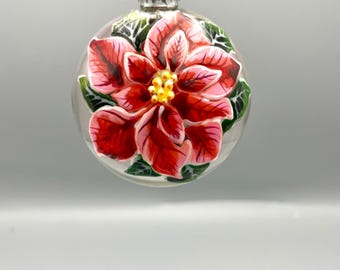 Hand Painted Glass Bauble/ Christmas red wild roses design.