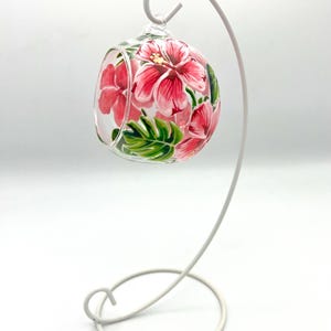 Hand Painted Tealight Holder / Pink Hibiscus flowers/ Hanging glass sphere with ornament stand