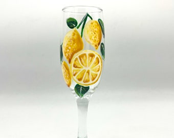 Hand Painted Prosecco glass/ Lemons on a lemon tree design.