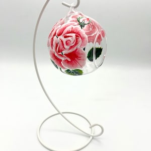 Hand Painted Tealight Holder / Pink Roses/ June birth flower/ Hanging glass sphere with ornament stand.