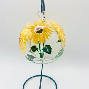 Hand Painted Tealight Holder / Sunflowers/ Hanging glass sphere with ornament stand image 8