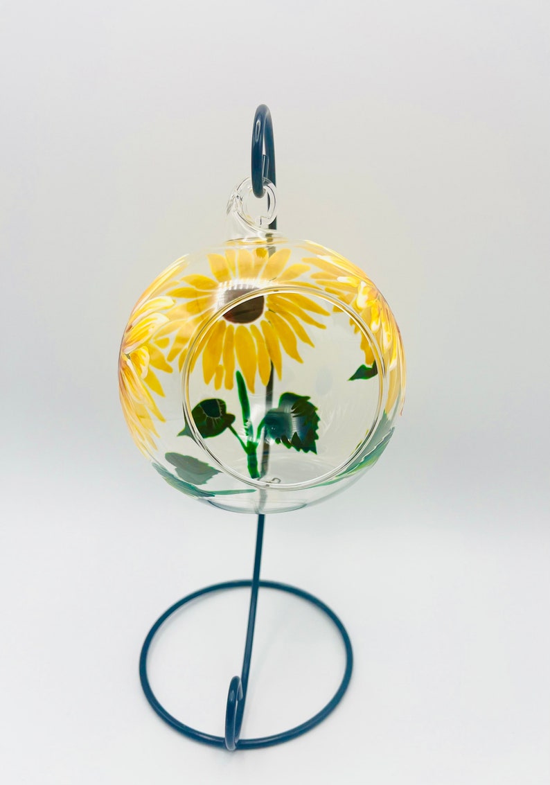 Hand Painted Tealight Holder / Sunflowers/ Hanging glass sphere with ornament stand image 8