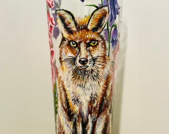 Hand Painted Glass Vase/ Enchanted Woodland Fox / Foxgloves, Ferns and Wild Harebells/ Cylinder Design.