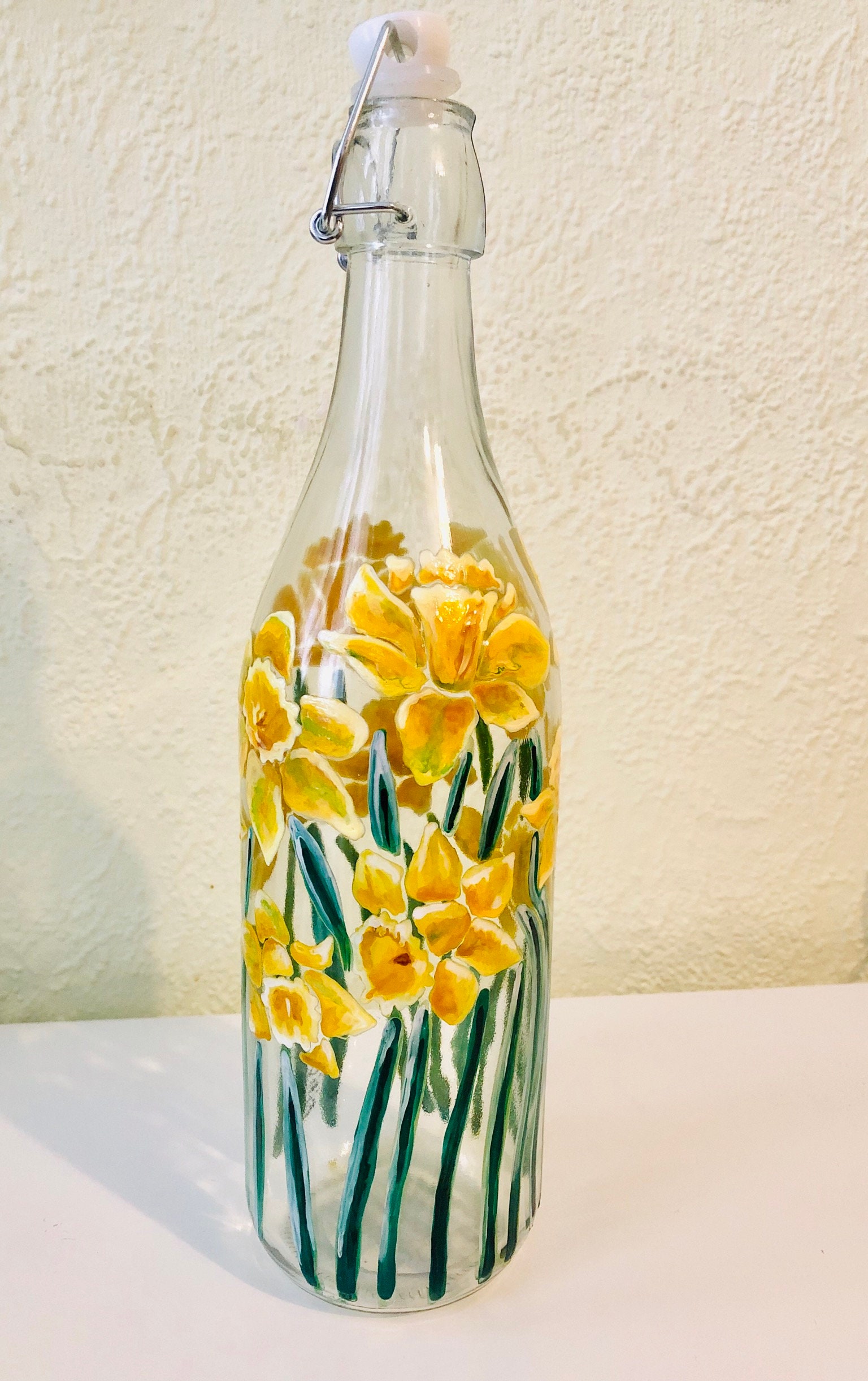 Hand Painted Bottle/ Floral Daffodil Top Vase Etsy