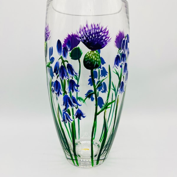 Hand Painted Vase/ Floral Thistle and Bluebell/ Bullet Design